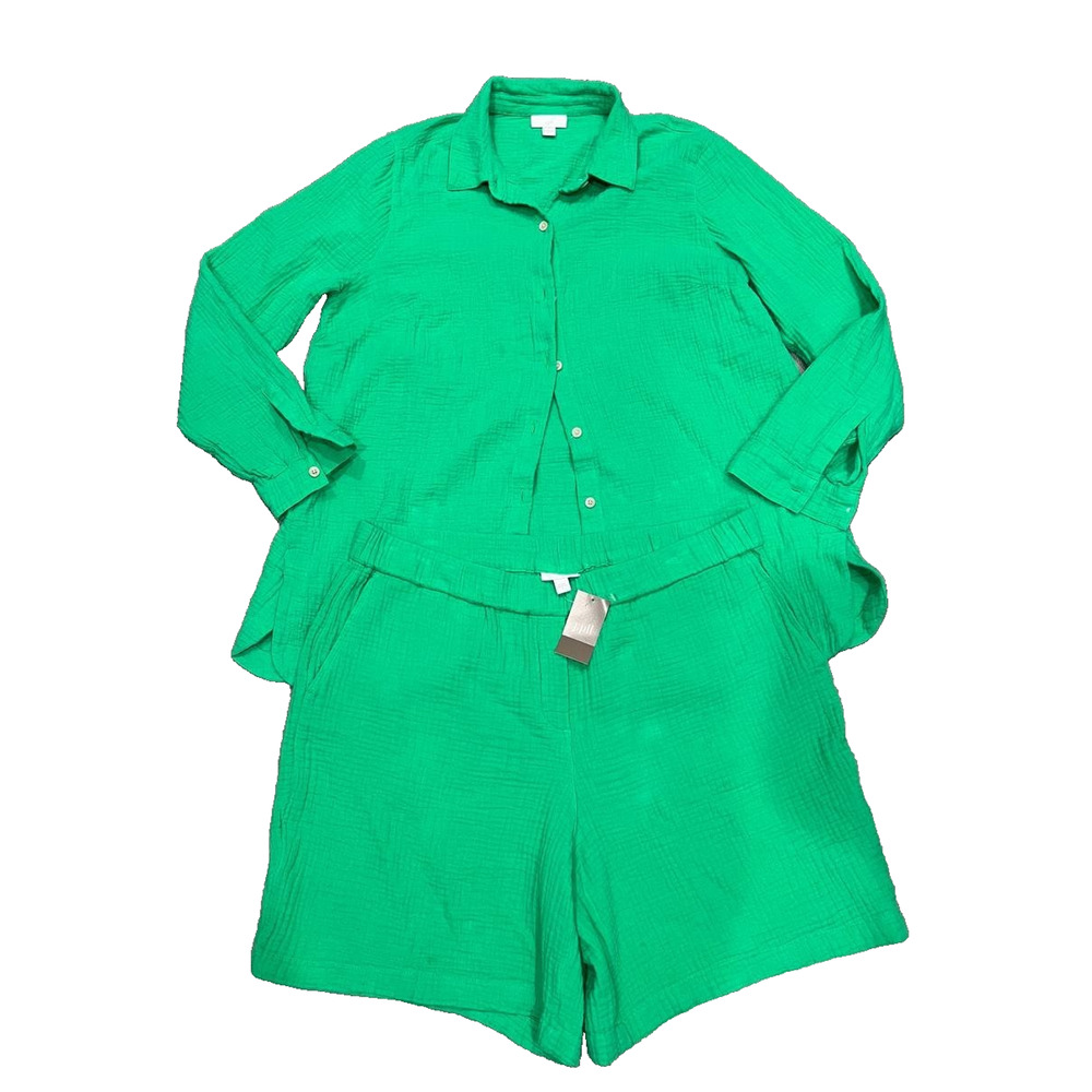 J. Jill Green Papay Cotton Gauze Button Down Y2K Shirt shorts Set M/L A005403 - Picture 2 of 13
